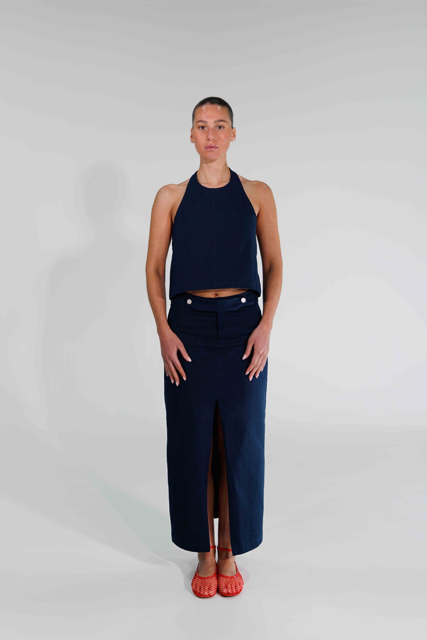 THE DOUBLE BUTTON MIDI SKIRT