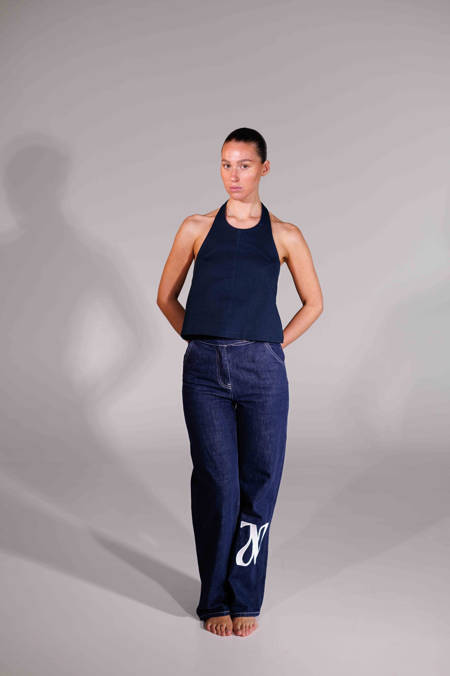 THE TIE HALTER NECK TOP | NAVY