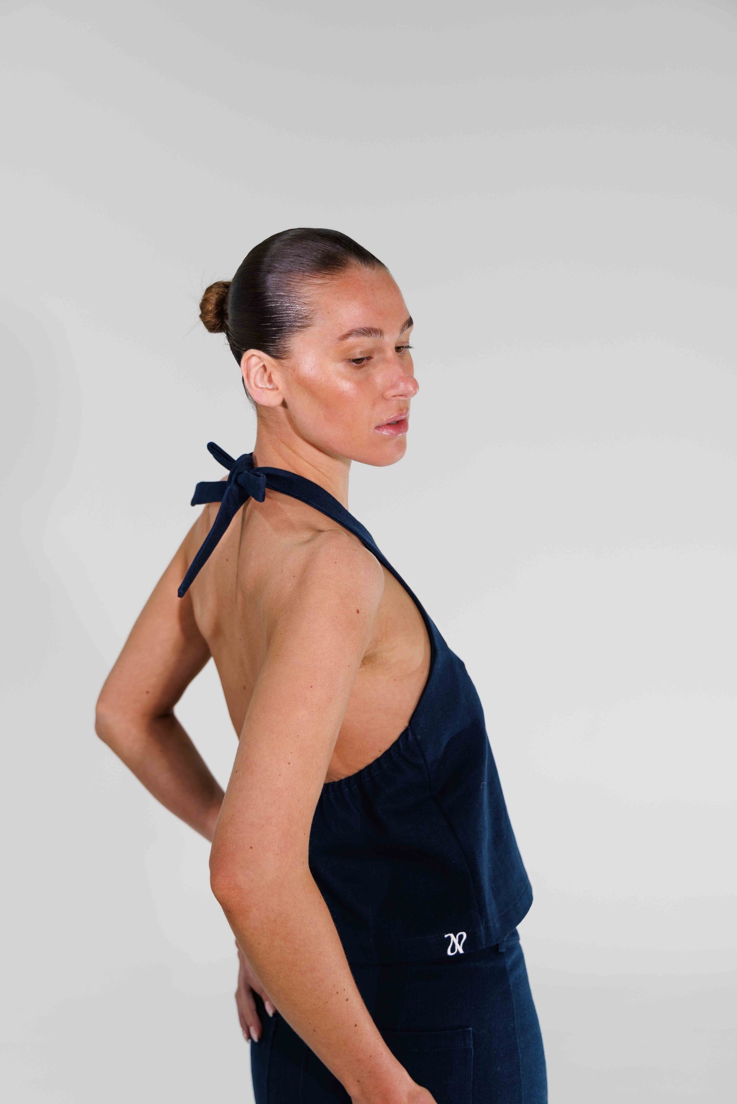 THE TIE HALTER NECK TOP | NAVY