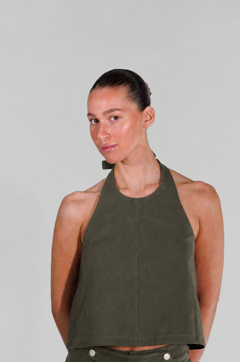 THE TIE HALTER NECK TOP | KHAKI