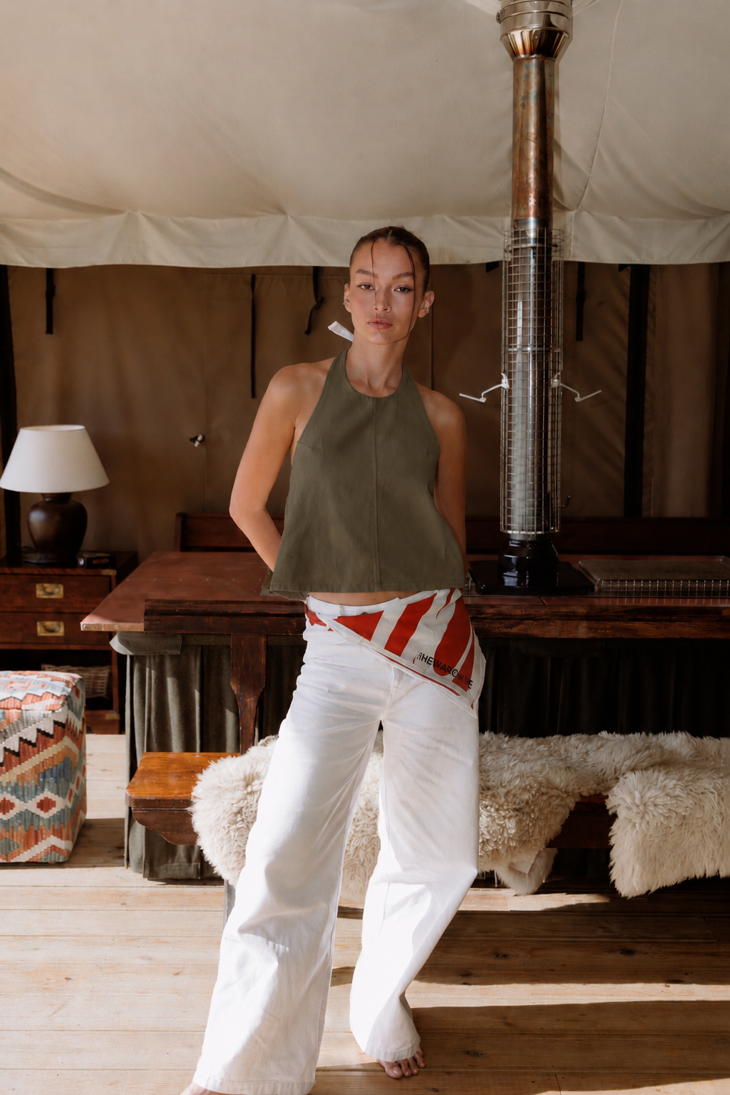 THE TIE HALTER NECK TOP | KHAKI